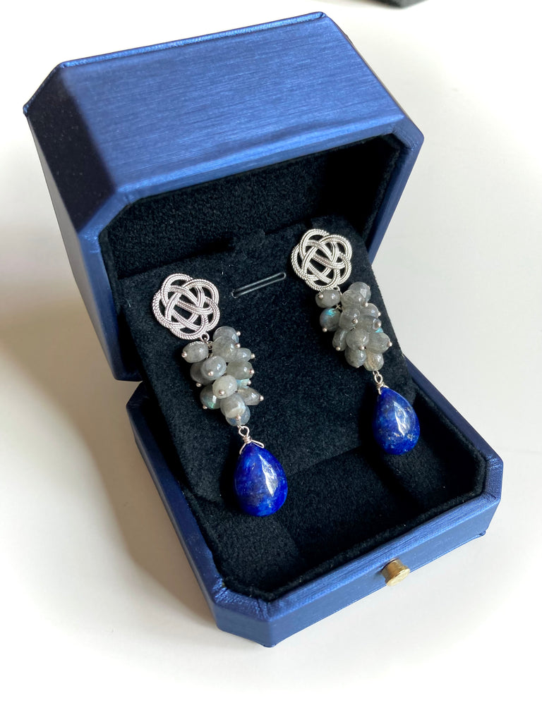 Silver Ume earrings with Labradorite and Lapis Lazuli